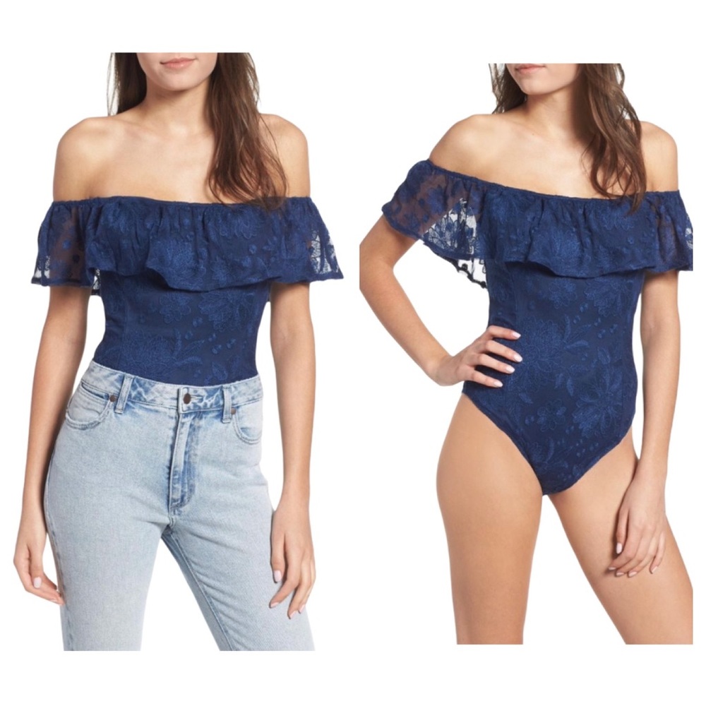Band Of Gypsies Boho Chic Abby Ruffle Lace Bodysuit Navy